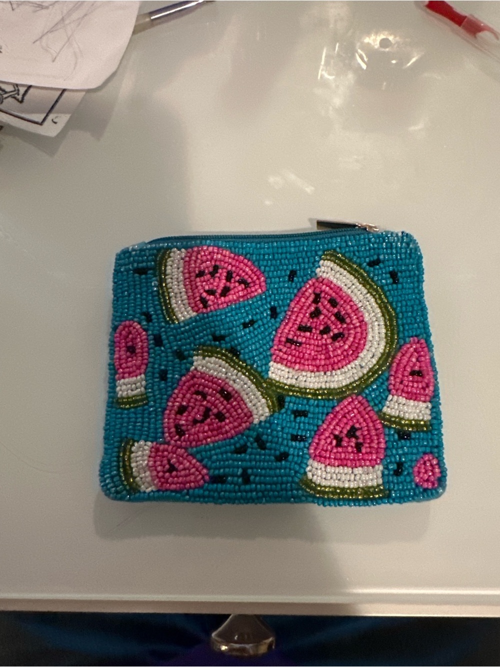 Beaded Watermelon Coin Purse - Turquoise & Pink